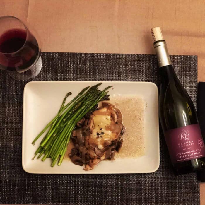 Kramer Vineyards Pinot Noir paired with mushroom-smothered chicken and asparagus