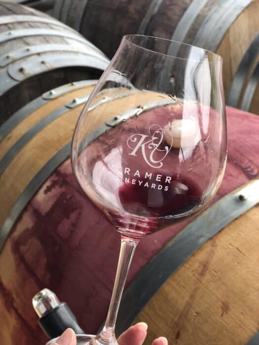 A Kramer Vineyards Oregon Pinot Noir glass ready to taste Pinot Noir from the barrel